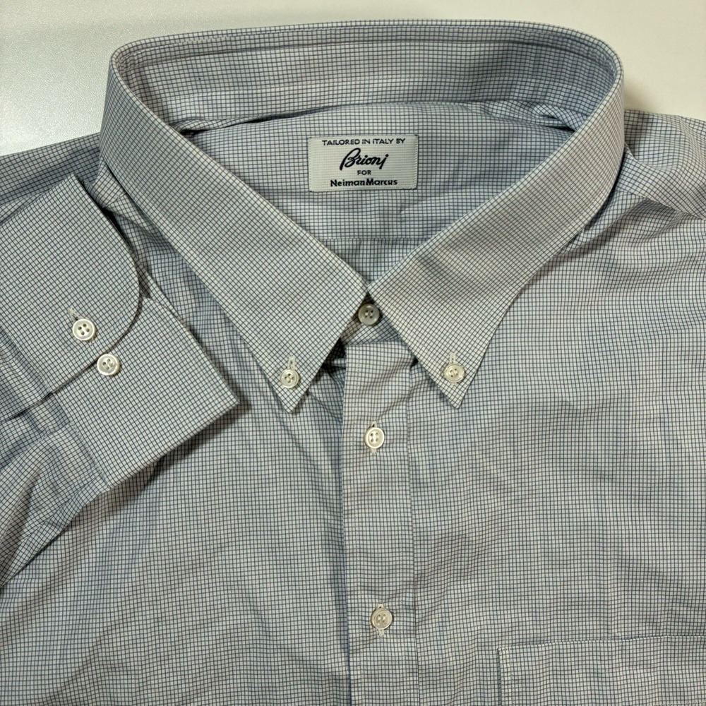 NEW BRIONI Shirt 4XL White Blue‎ Check Made in Italy Button Down Oxford